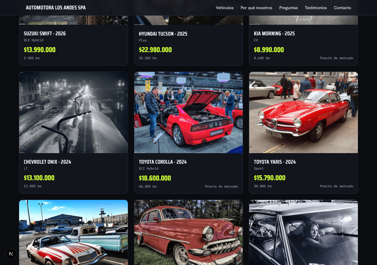 Catálogo público real de un micrositio de OmniMotora, mostrando vehículos con el sello Precio de mercado